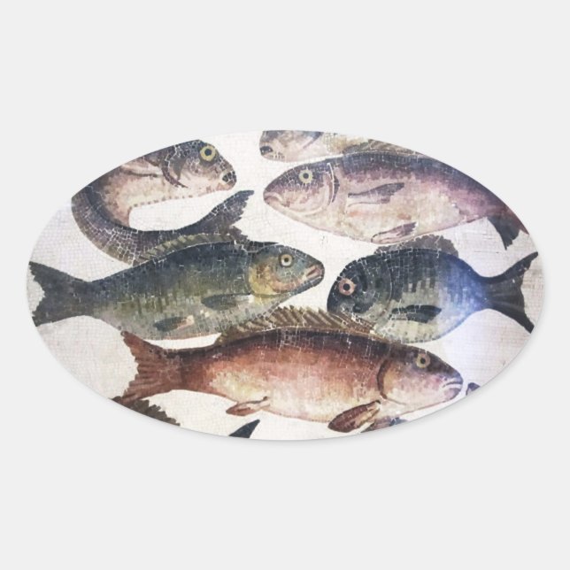 STICKER OVALE MOSAÏQUES ROMAINES ANTIQUES, POISSONS, ESPACE DE V (Devant)