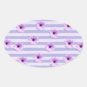 Sticker Ovale Motif à rayures pastel avec des marguerites