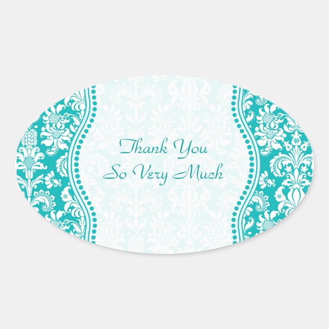 Sticker Ovale Motif bleu-vert et blanc en Damas florales (Devant)