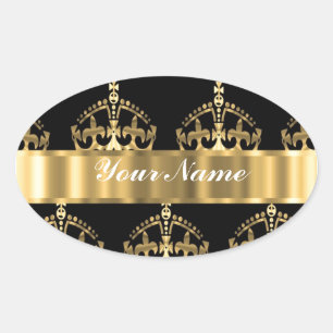Sticker Ovale Motif couronne or sur noir