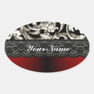 Sticker Ovale Motif damassé floral noir et rouge