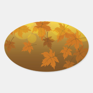 Sticker Ovale Motif d'automne avec feuilles d'érable en chute et