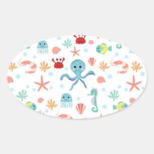 Sticker Ovale Motif du monde marin