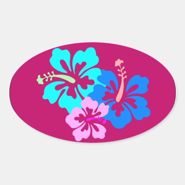 Sticker Ovale Motif hibiscus rose chaud (Devant)