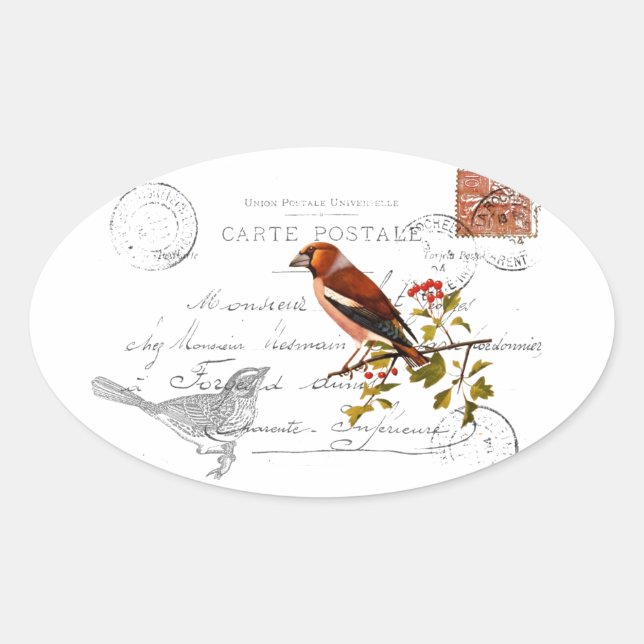 Sticker Ovale Motif nostalgique avec oiseau (Devant)