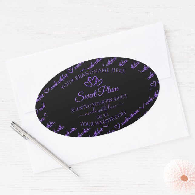 Sticker Ovale Mots noirs et violets Cloud Produit Coeurs Étiquet (Enveloppe)