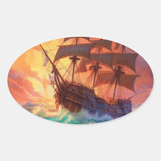 Sticker Ovale Navire À Voile Sur Une Mer Tempérée (Devant)