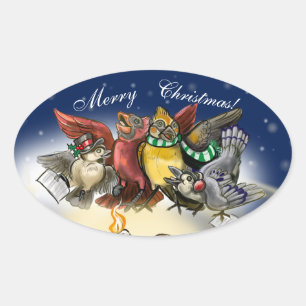 Sticker Ovale Noël des oiseaux en covoiturage
