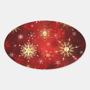 Sticker Ovale Noël Golden Snowflakes sur Arrière - plan rouge