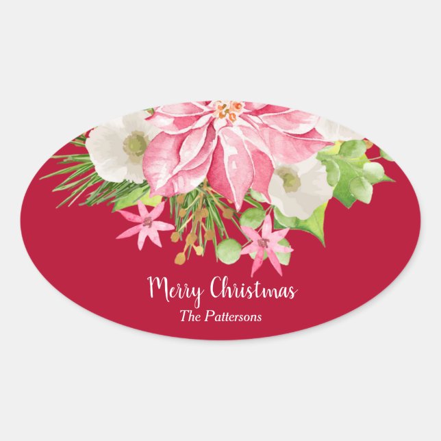 Sticker Ovale Noël Poinsettia Floral Rouge Fête (Devant)