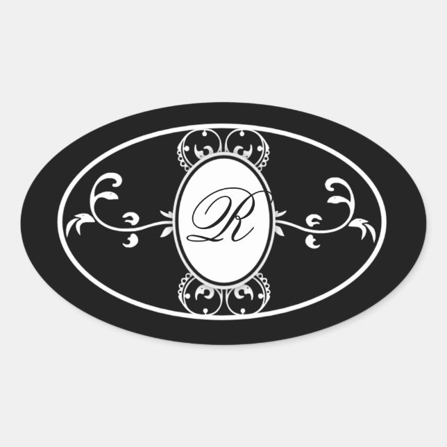 Sticker Ovale Noir Blanc Monogrammé mariage Favoriser le Étiquet (Devant)