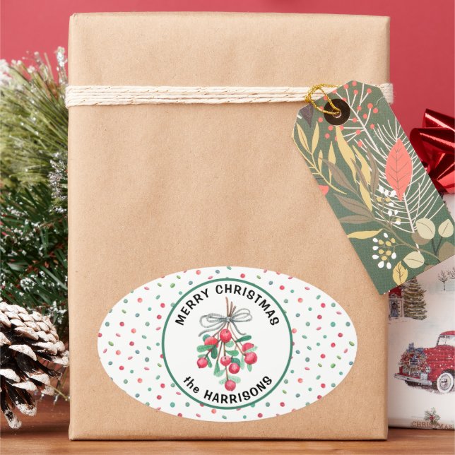 Sticker Ovale Nom, Joyeux Noël, Motif de bonbons Mistletoe (vacances)