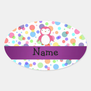 Sticker Ovale Nom personnalisé pingouin rose arc-en-ciel pois