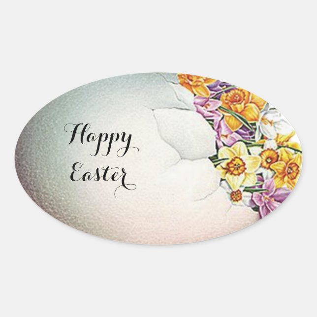STICKER OVALE OEUF DE PÂQUES AUX FLEURS NARCISSES JAUNES (Devant)