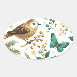 Sticker Ovale Oiseau doré Papillon émeraude Botanique