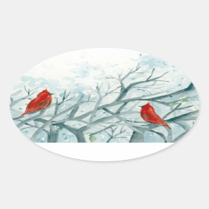 Sticker Ovale Oiseaux cardinaux rouges Arbres d'hiver Aquarelle