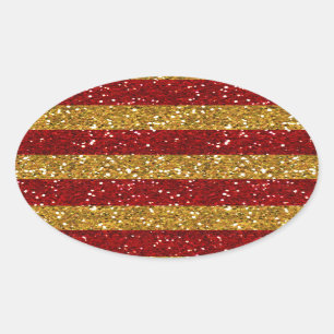 Sticker Ovale Or et rayures rouges de parties scintillantes
