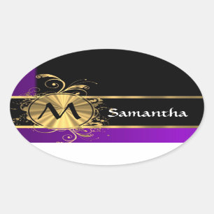 Sticker Ovale Or pourpre et monogramme noir