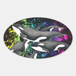 Sticker Ovale Orca Whales Aquarelle Noir