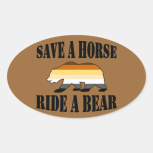 Sticker Ovale Ours gai Sauvez un cheval Marche un ours