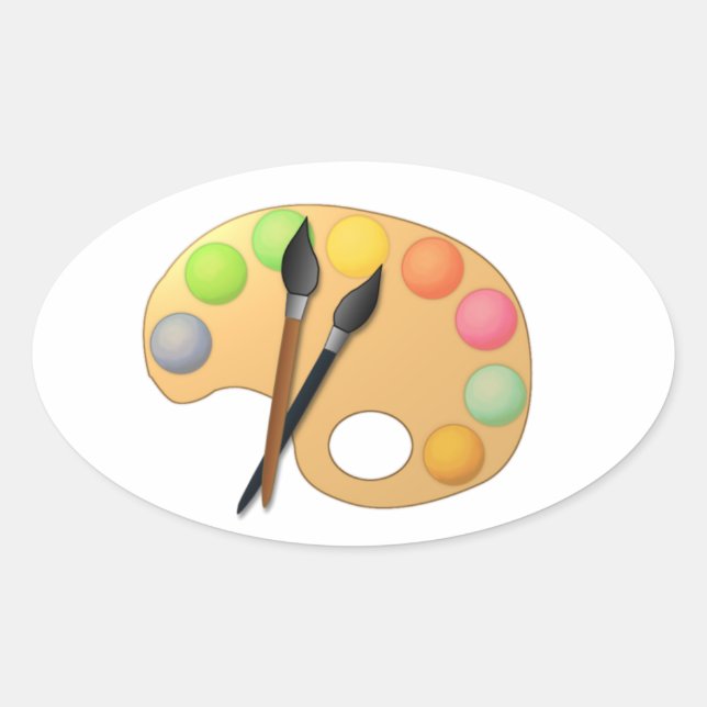 Sticker Ovale Palette de couleurs d'art avec deux brosses (Devant)