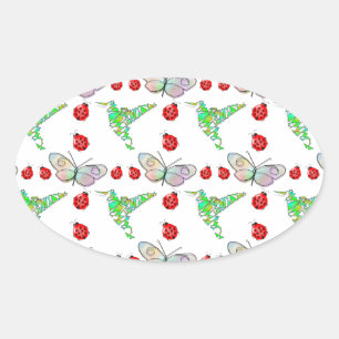Sticker Ovale Papillon, colibri et Motif de coccinelle
