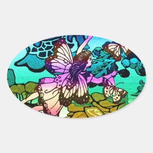 Sticker Ovale Papillons, fleurs, arc-en-ciel, ange