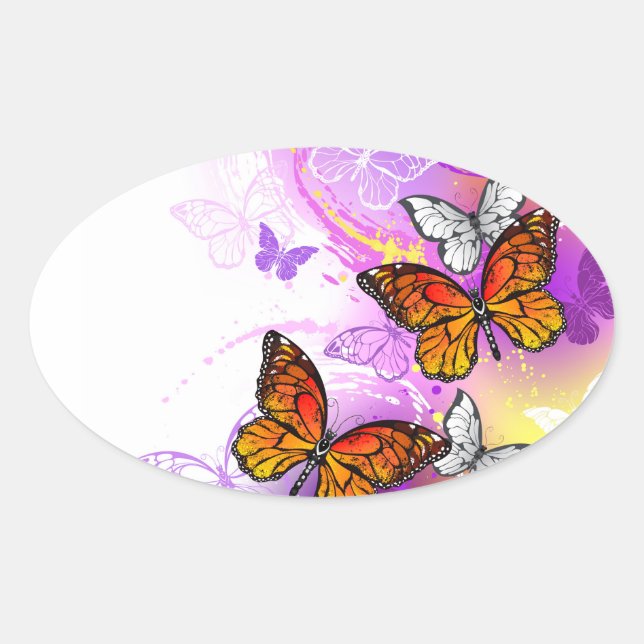 Sticker Ovale Papillons Monarque sur Arrière - plan pourpre (Devant)