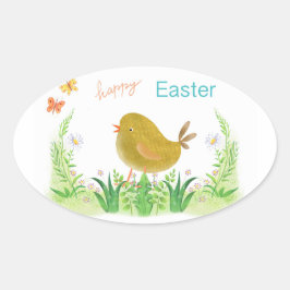 Sticker Ovale Pâques joyeuses, poulet et fleurs