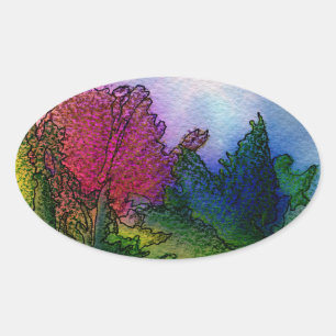 Sticker Ovale Paysage Abstrait en aquarelles - Levée de soleil
