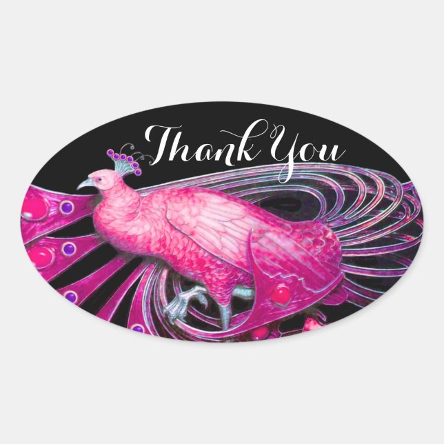 Sticker Ovale PEACOCK ÉLÉGANT EN ROSE, FUCHSIA, Merci NOIR (Devant)