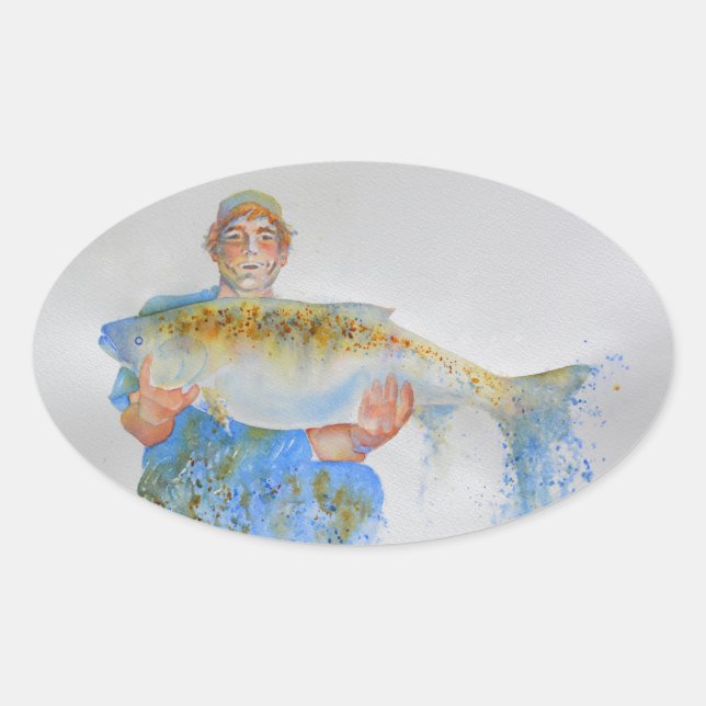 Sticker Ovale Pêcheur peinture d'aquarelle cadeau de pêche pour  (Devant)