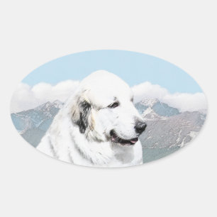 Sticker Ovale Peinture des Pyrénées - Art original du chien