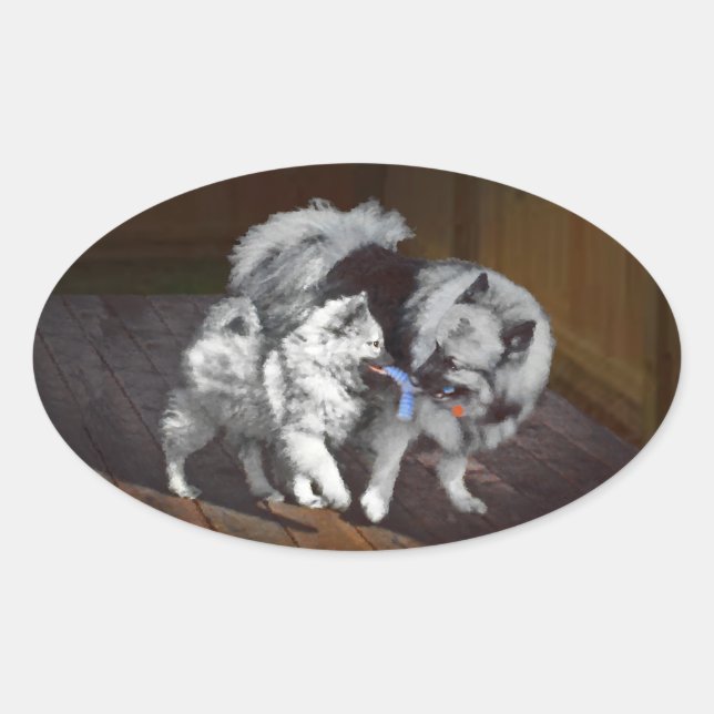Sticker Ovale Peinture Keeshond Playtime - Jolie art original ch (Devant)