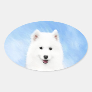 Sticker Ovale Peinture Samoyed Puppy - Jolie Art Original Chien
