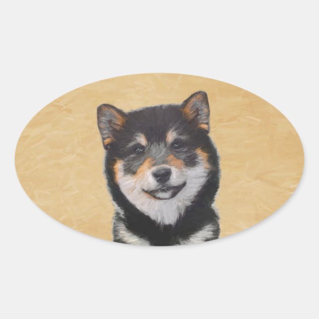 Sticker Ovale Peinture Shiba Inu (Noir et Tan) - Art Chien (Devant)