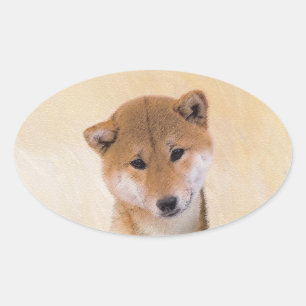 Sticker Ovale Peinture Shiba Inu (Rouge) - Art Chien original