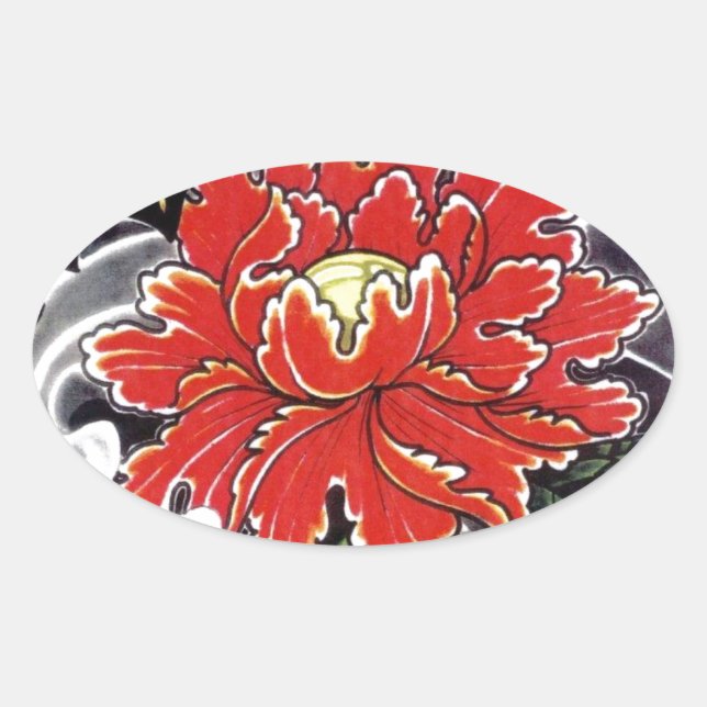 Sticker Ovale Peony Flower design japonais tatouage (Devant)