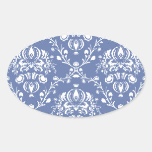 Sticker Ovale Périwinkle bleu et blanc Damas