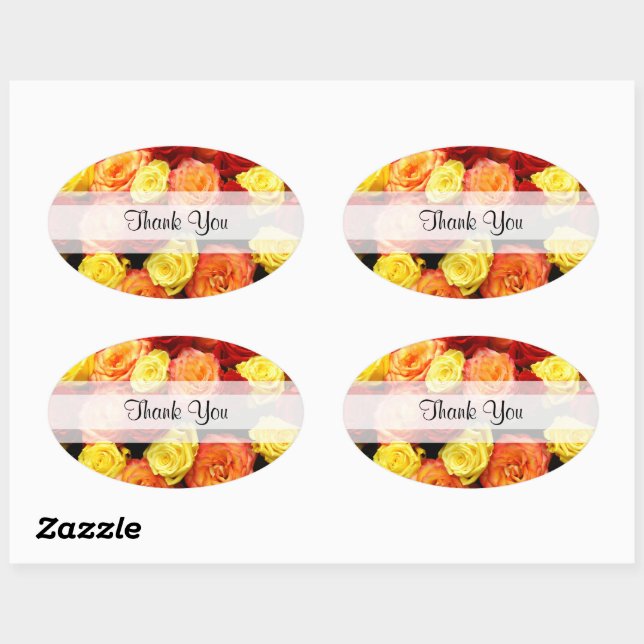 Sticker Ovale Personnalisé "Merci" Rose jaune/rouge/orange (Feuille)