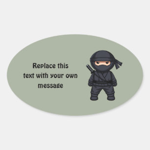Sticker Ovale Petit guerrier ninja sur fond vert sauge