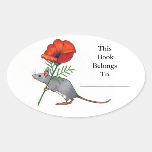 Sticker Ovale Petite Souris Avec Grande Fleur : Plaque de livre