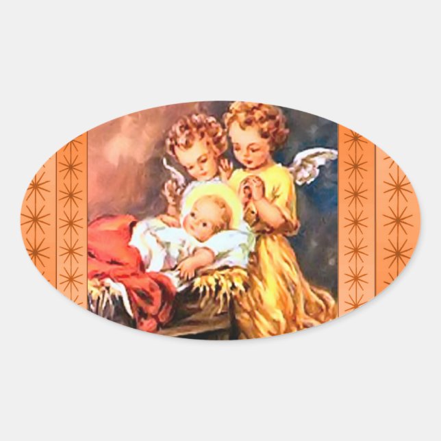 Sticker Ovale Petits anges à la crèche (Devant)
