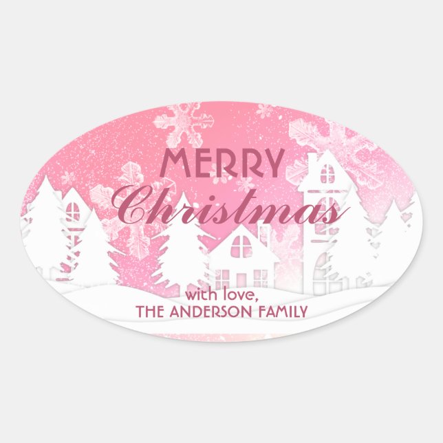 Sticker Ovale Pink White House Snowflakes Noël Bonne année (Devant)