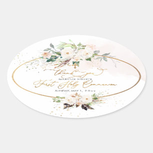 Sticker Ovale PixDezines aquarelle bleu rose roses Communion C