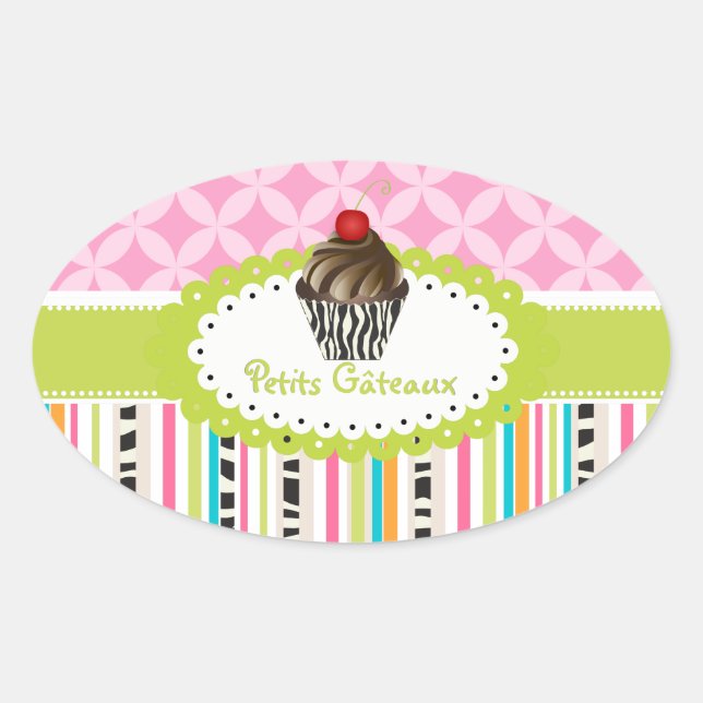 Sticker Ovale PixDezines doubles tourbillons à carreaux cupcake/ (Devant)