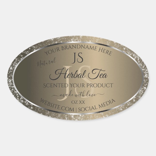 Sticker Ovale Platine Beige avec Parties scintillant Initiales É (Devant)