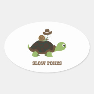Sticker Ovale Pokes lents - escargot cowboy et tortue