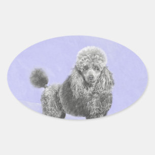 Sticker Ovale Poodé Jouet miniature Argent gris bleu Chien Art