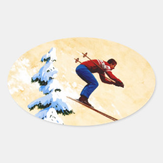Sticker Ovale Poster de ski vintage, sauteur de ski et pins